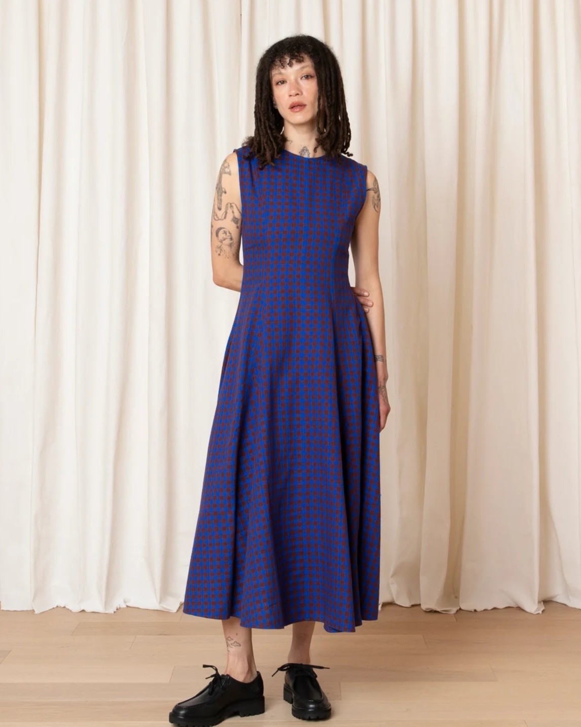 Ali Golden paneled midi dress in rust and cobalt blue