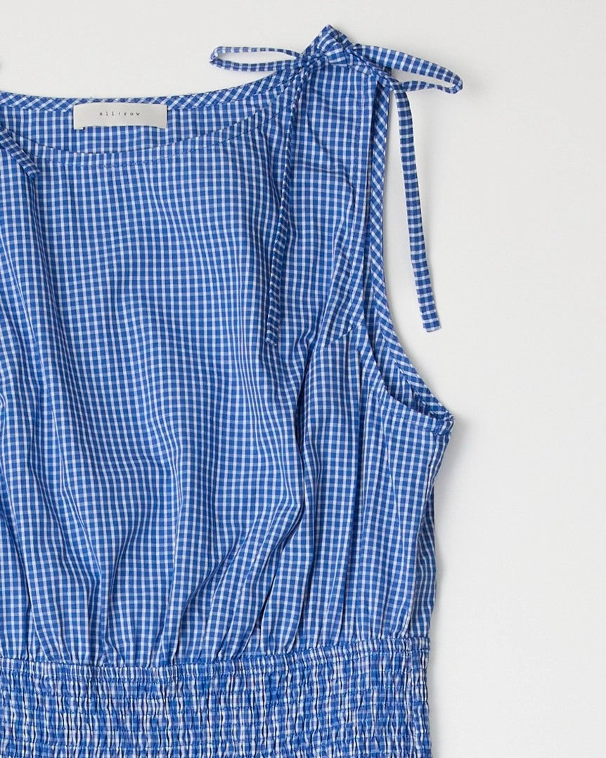 Blue gingham dress with tiers and a smocked waist and tie shoulder detail at Clad, a sustainable clothing store in Asheville, NC.