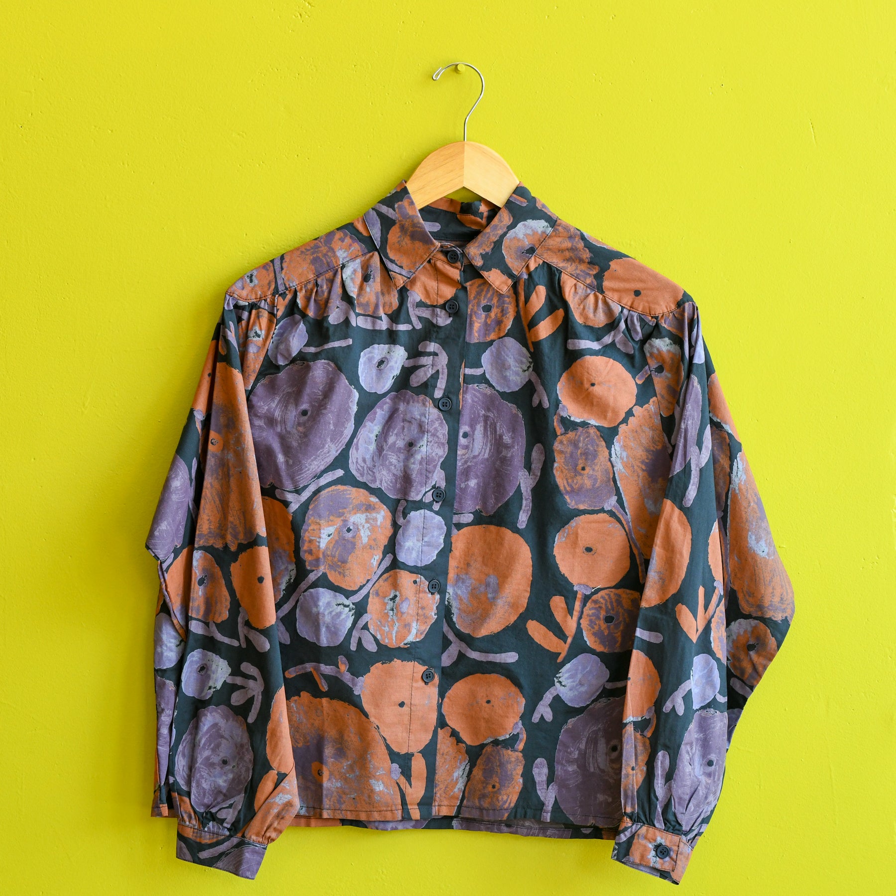 Bobo Chooses floral dahlia gathered blouse at Clad, a sustainable clothing boutique in Asheville, NC