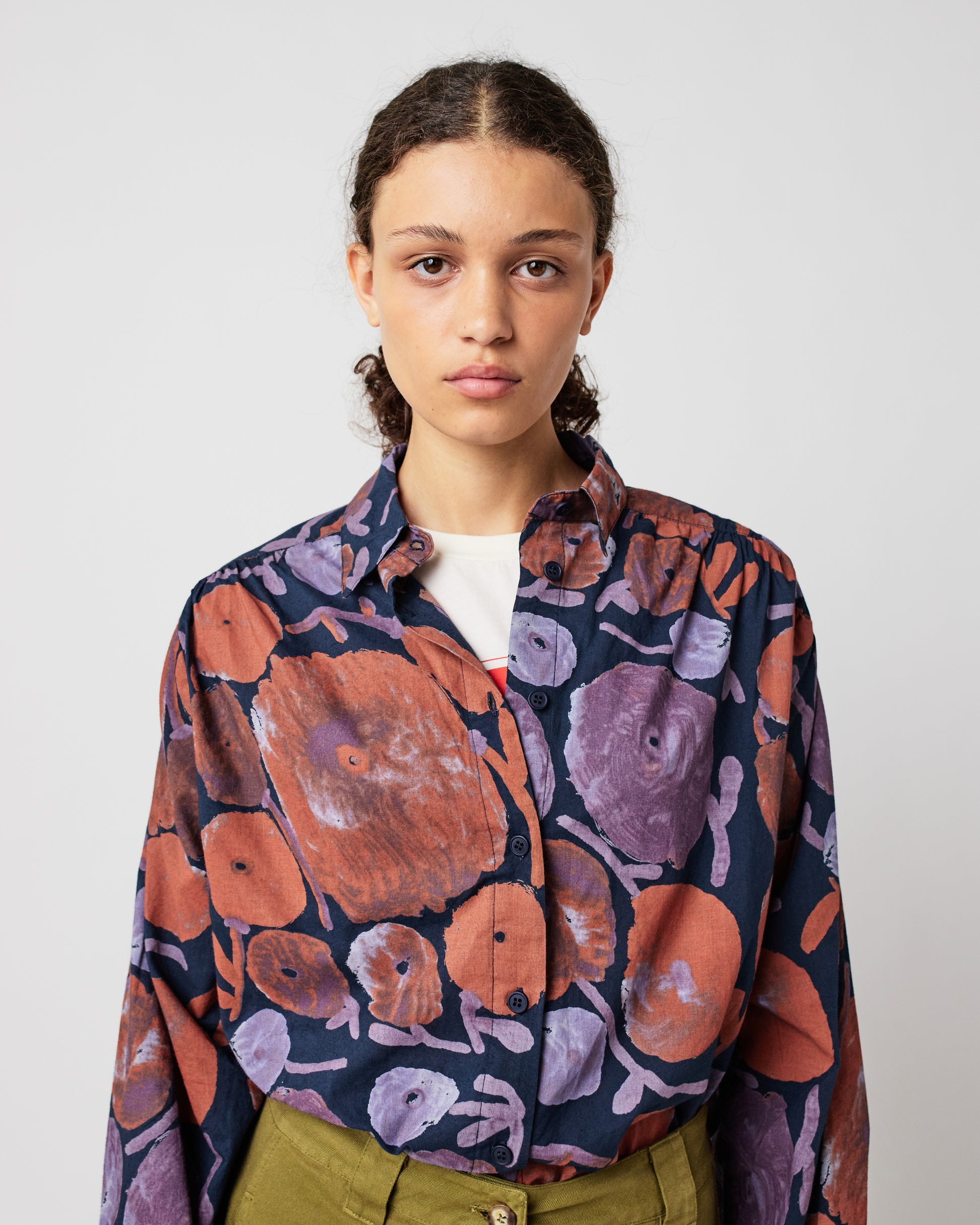 Bobo Chooses floral dahlia gathered blouse at Clad, a sustainable clothing boutique in Asheville, NC