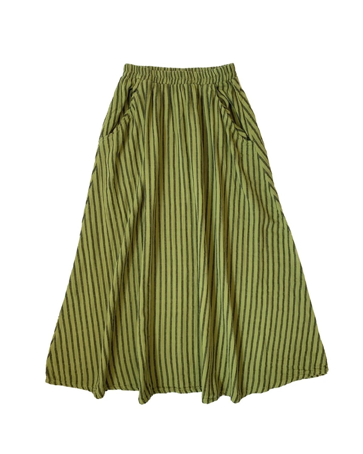 Curator Fawn avocado green stripe skirt at Clad, a sustainable clothing boutique in Asheville, NC
