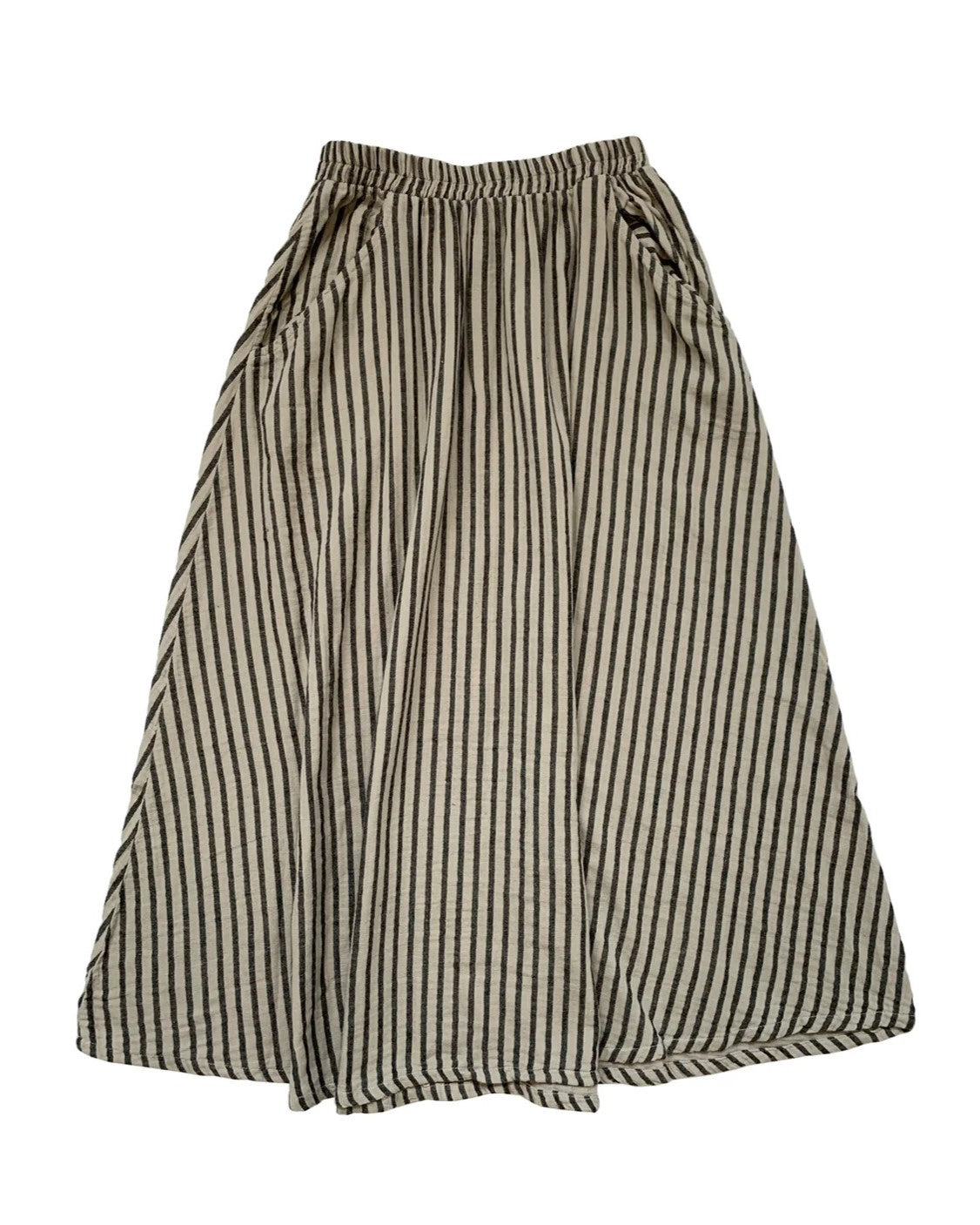 Curator Fawn skirt in oat and black stripe with elastic waist and side pockets at Clad, a sustainable clothing shop in Asheville C