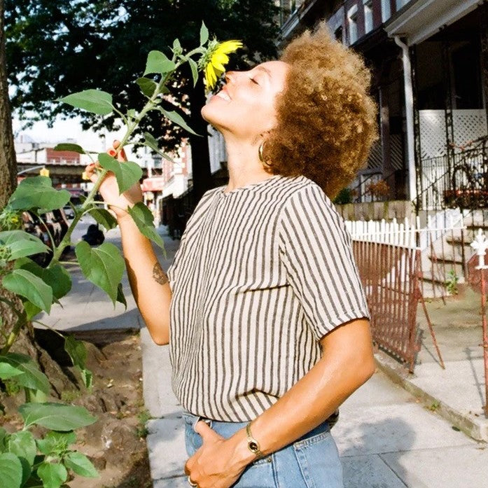 Striped Hanna tee in black and oat from Curator at Clad, a sustainable clothing store in Asheville, NC