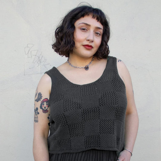 Zoe knit checkerboard tank in charcoal grey by Curator at Clad, a sustainable clothing store in Asheville, NC.