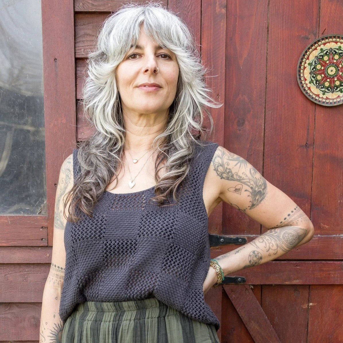 Zoe knit checkerboard tank in charcoal gray by Curator at Clad, a sustainable clothing store in Asheville, NC.