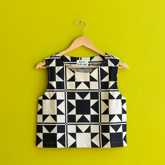 Freddie top in black quilt star from Ersa Fibers at Clad, a sustainable clohthing store in Asheville, NC