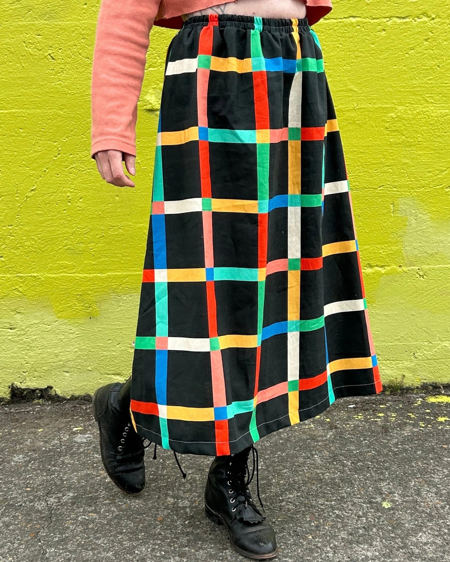 Ersa Fibers chunky black windowpane midi skirt at Clad, a sustainable clothing store in Asheville, NC