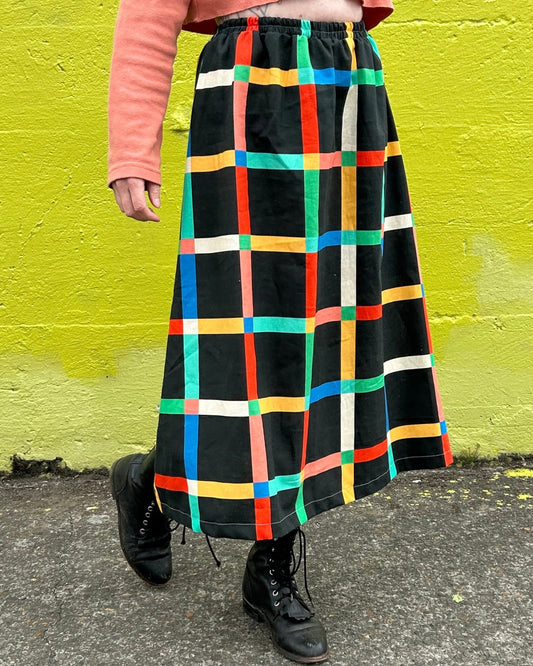 Ersa Fibers chunky black windowpane midi skirt at Clad, a sustainable clothing store in Asheville, NC