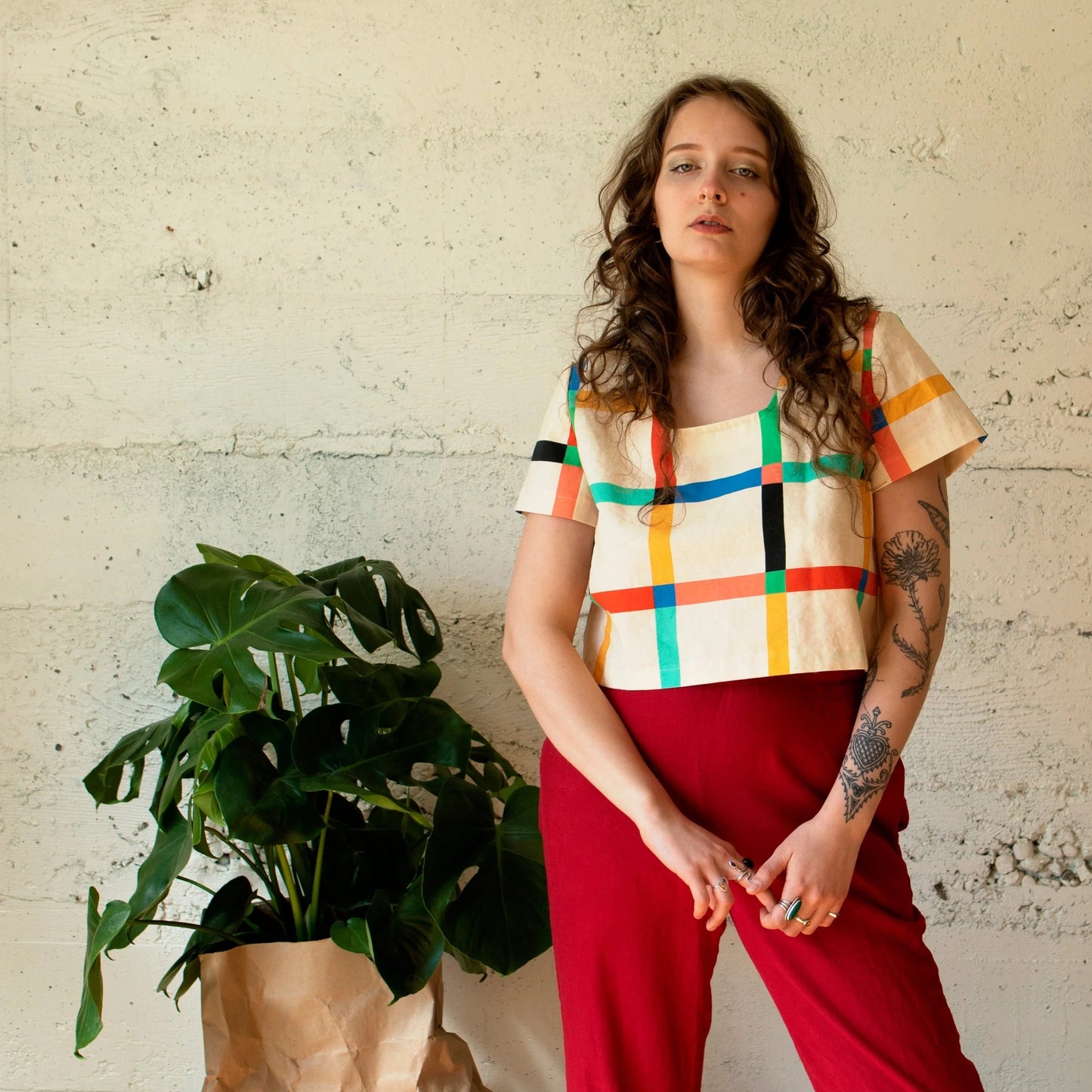 Cream windowpane check cropped top from Ersa Fibers at Clad, a sustainable clothing store in Asheville, NC