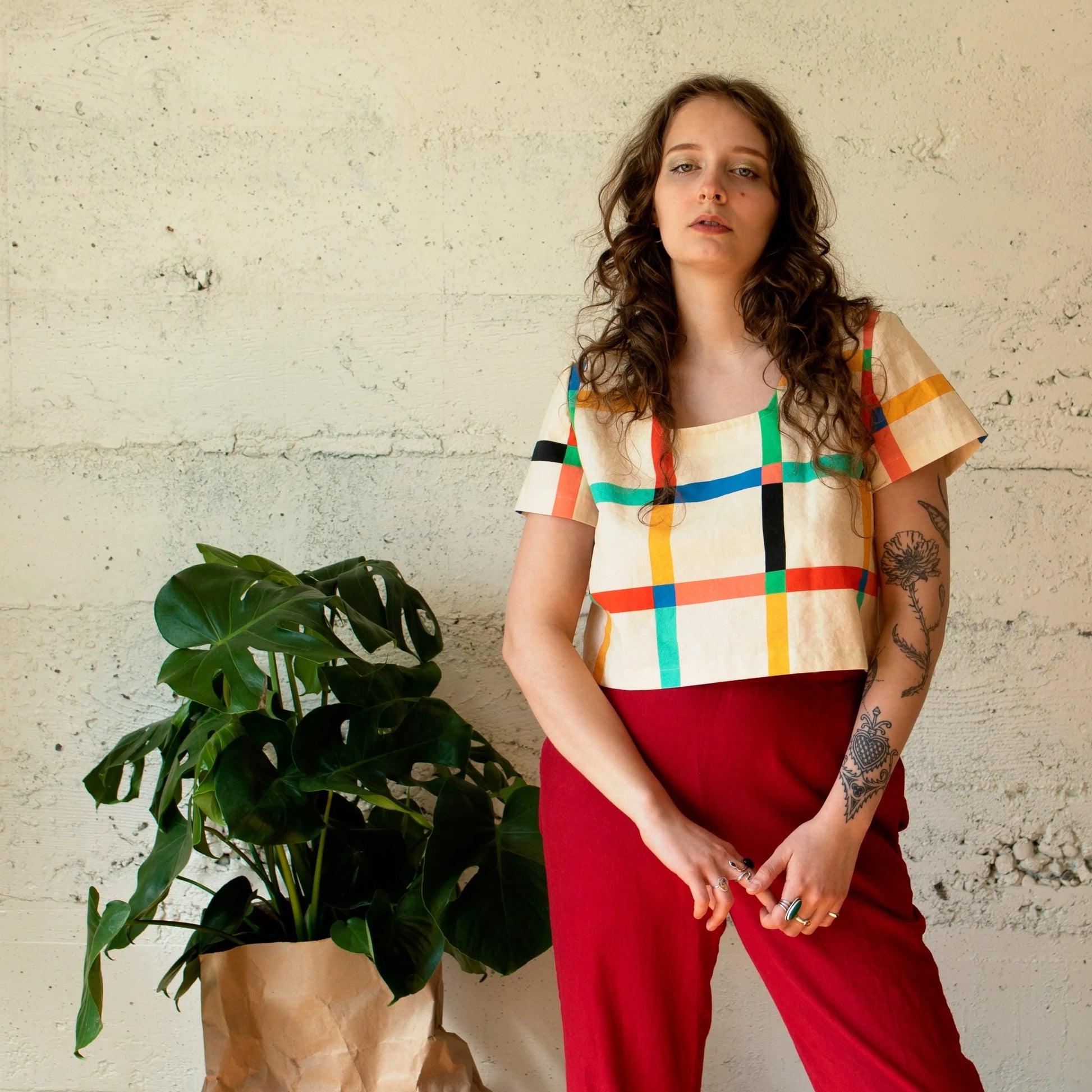 Cream windowpane check cropped top from Ersa Fibers at Clad, a sustainable clothing store in Asheville, NC