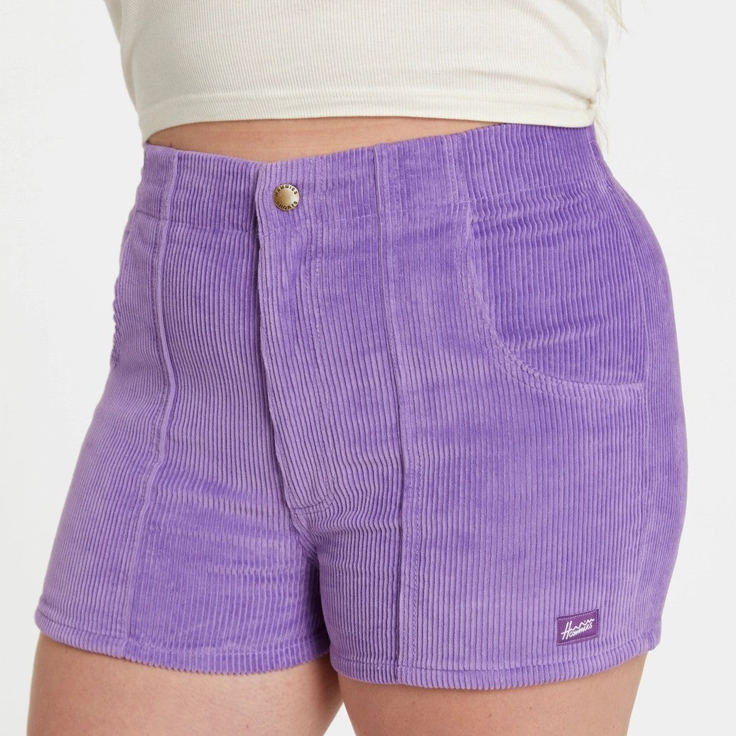 Purple Hammie's corduroy shorts paired with ribbed white tank top
