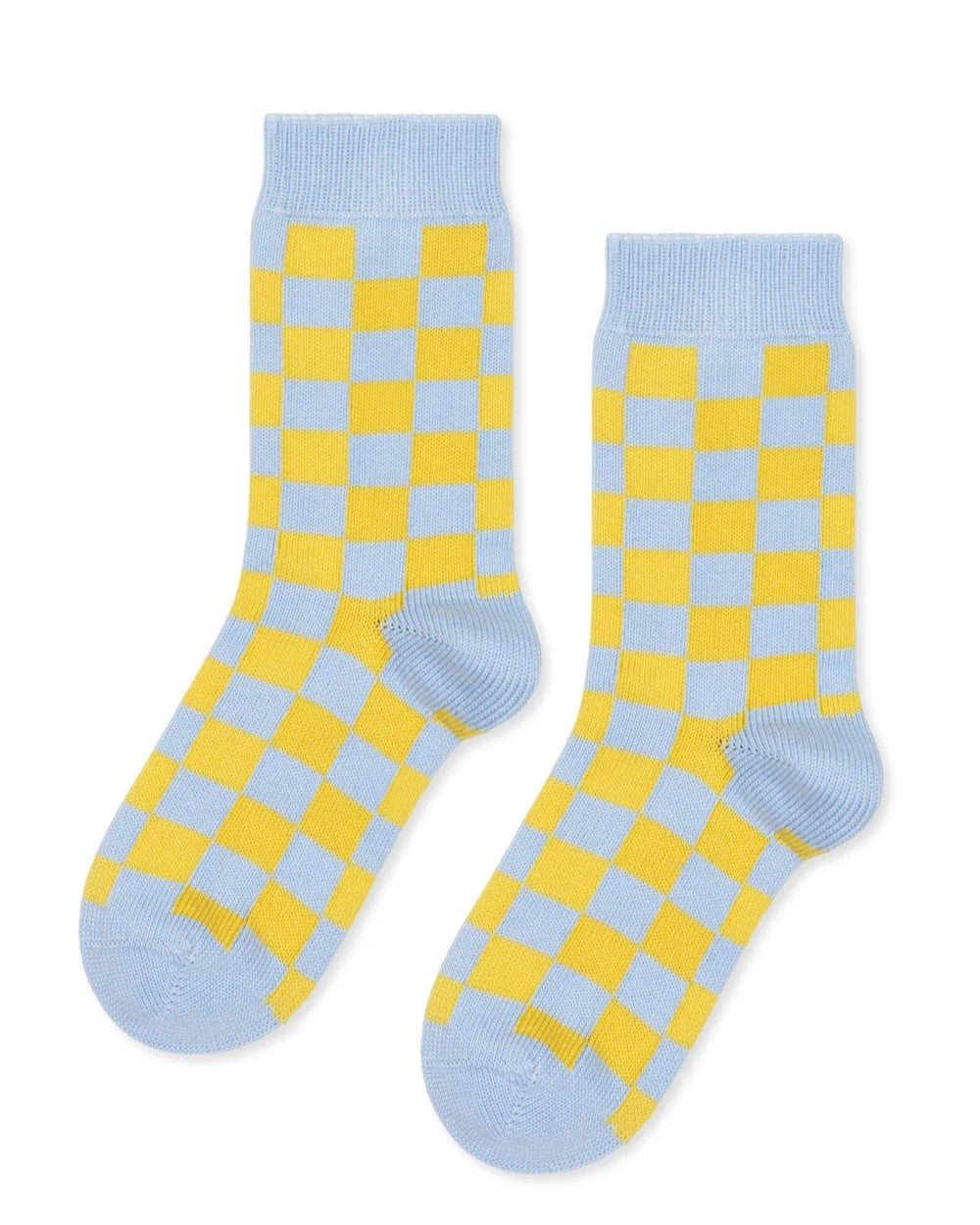 Checkered blue and chartreuse socks from Hansel from Basel at Clad, a sustainable clothing boutique in Asheville, NC