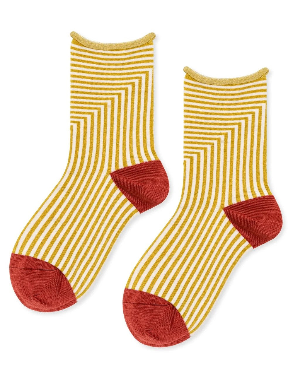 Striped marigold socks with terracotta rust heel and toe at Clad, a sustainable clothing store in Asheville, NC.