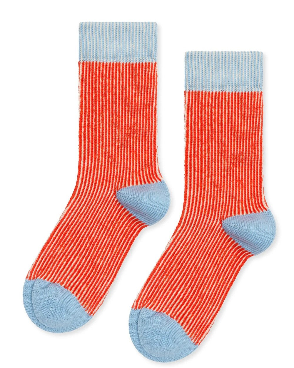 Persimmon umbrella crew sock from Hansel from Basel. Poppy red and pale ice blue. At Clad, a sustainable clothing boutique in Asheville, NC