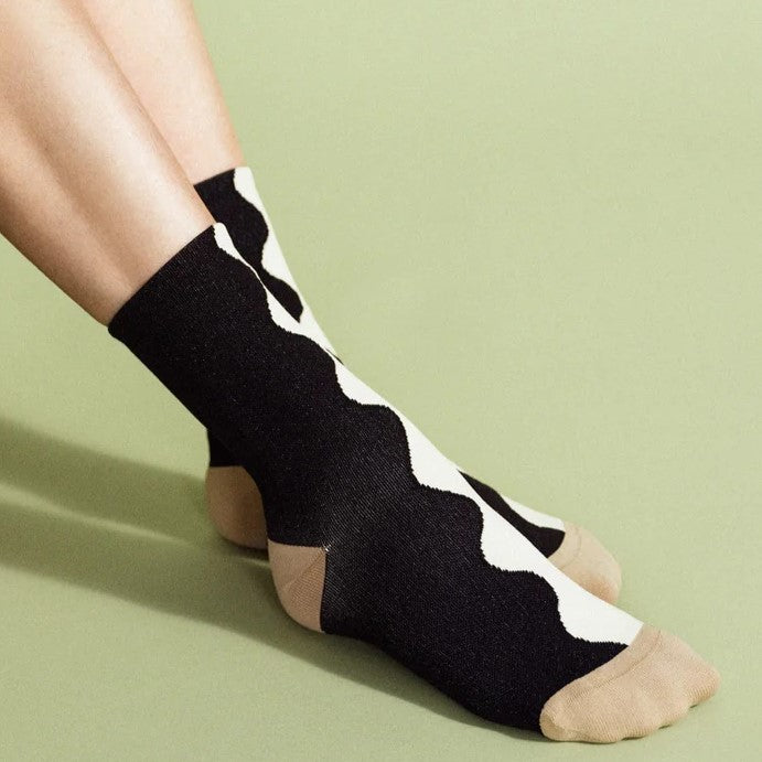 Wavy gemini socks in black and cream with rown tow and heel at Clad, a sustainable apparel boutique in Asheville, NC