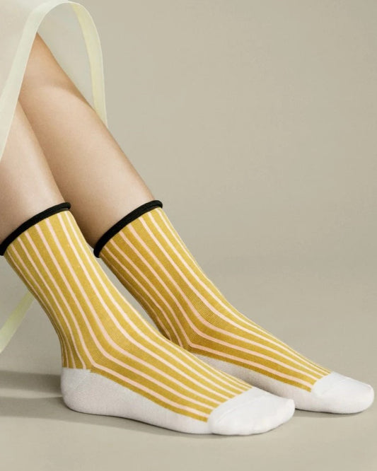 Hansel from Basel Hilda striped Hilda crew sock in Ecru yellow at Clad, a sustainable clothing store in Asheville, NC