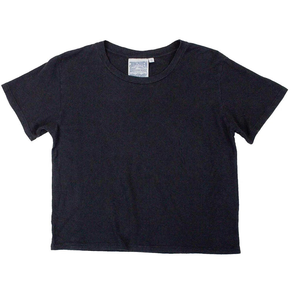 A black crewneck, cropped tee made of cotton and hemp.