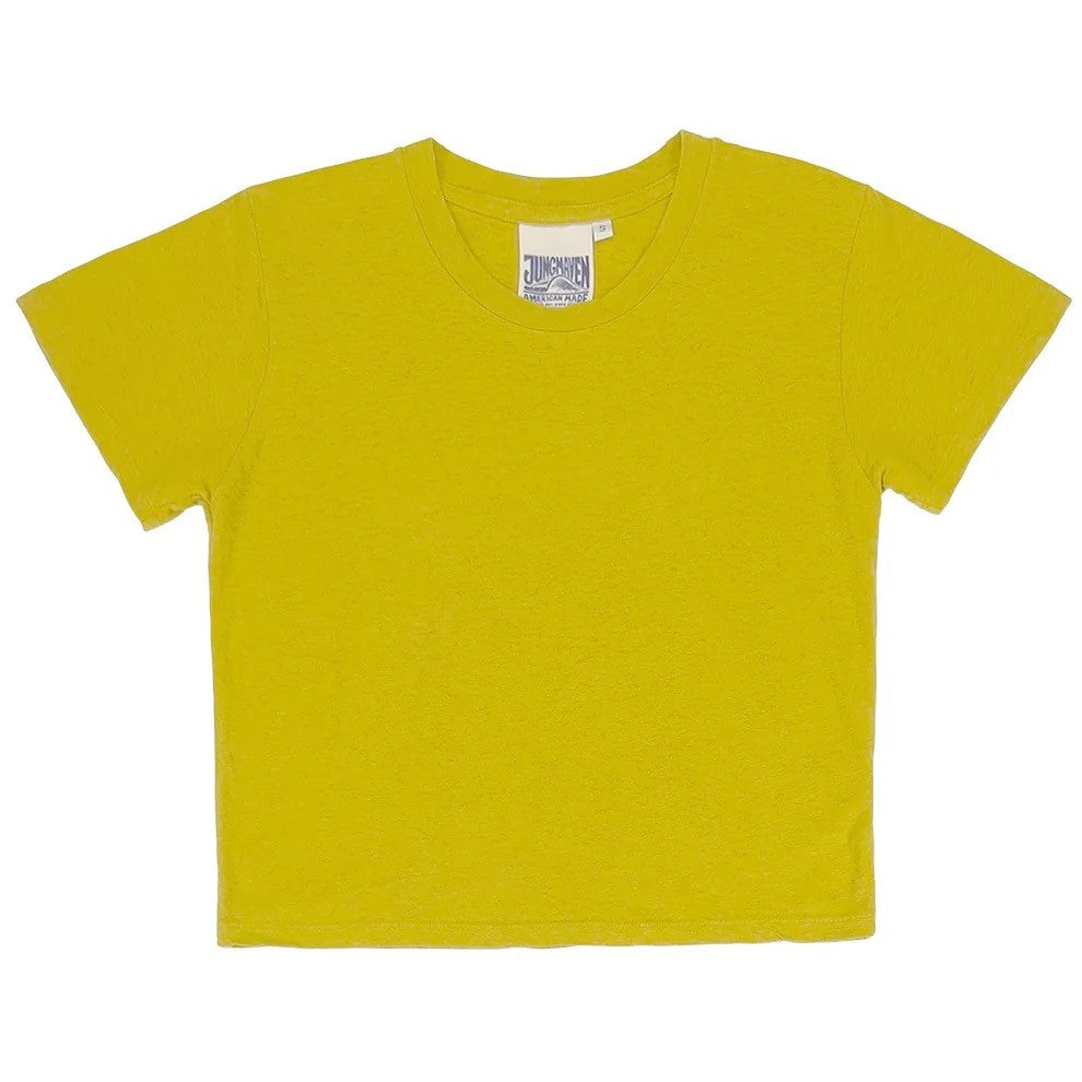 Jungmaven cropped Lorel tee in citrine mustard yellow. Hemp and cotton sustainable clothing blend at Clad, a sustainable clothing shop in Asheville, NC