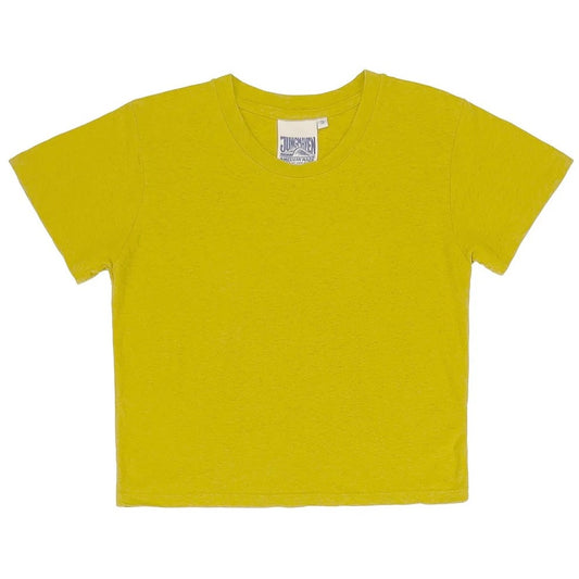 Jungmaven cropped Lorel tee in citrine mustard yellow. Hemp and cotton sustainable clothing blend at Clad, a sustainable clothing shop in Asheville, NC