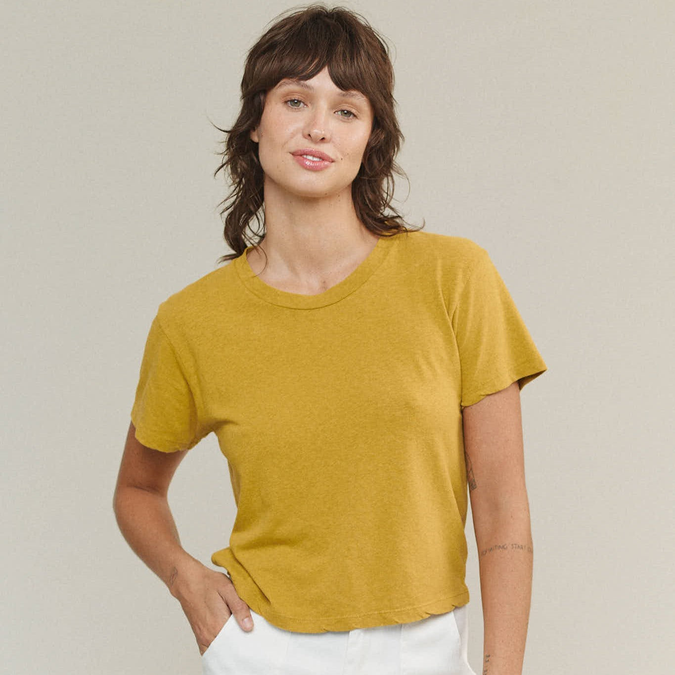 Jungmaven cropped Lorel tee in citrine mustard yellow. Hemp and cotton sustainable clothing blend at Clad, a sustainable clothing shop in Asheville, NC