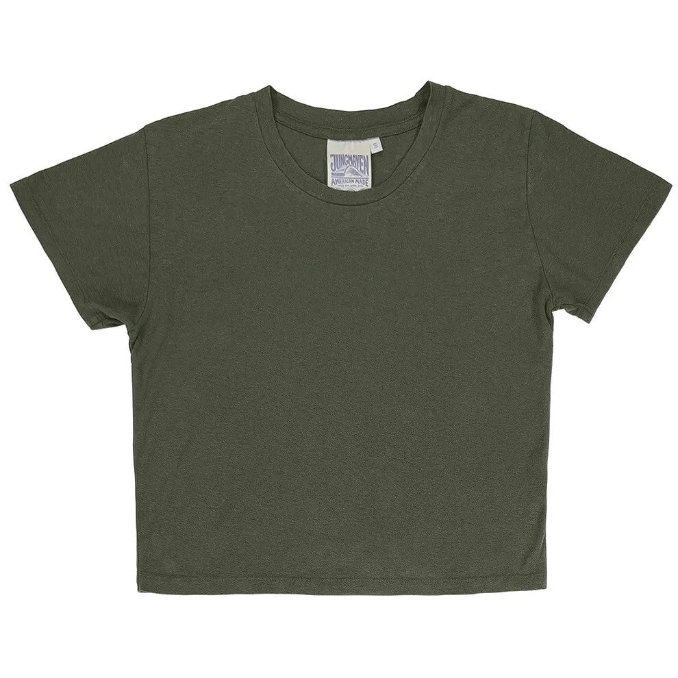 Jungmaven cropped Lorel tee in olive green. Hemp and cotton sustainable clothing blend at Clad, a sustainable clothing shop in Asheville, NC