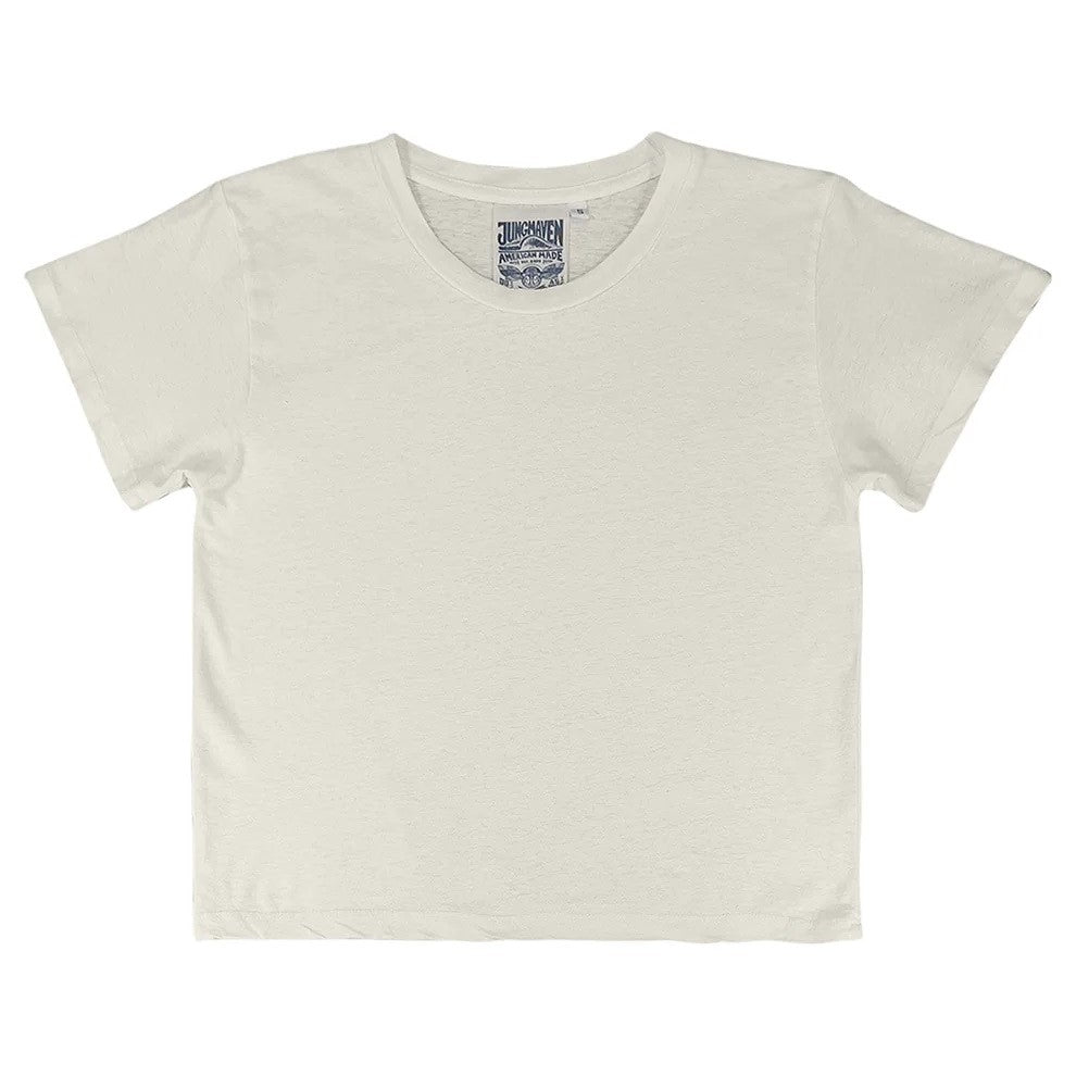 Jungmaven cropped Lorel tee in washed white cream. Hemp and cotton sustainable clothing blend at Clad, a sustainable clothing shop in Asheville, NC