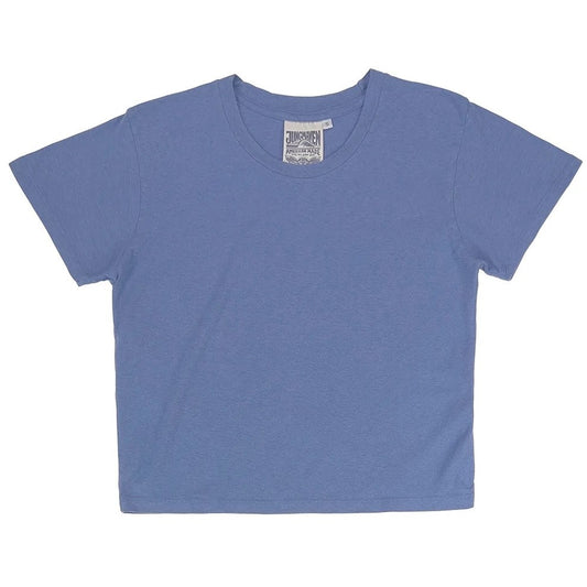 Jungmaven cropped Lorel tee in periwinkle blue purple wisteria. Hemp and cotton sustainable clothing blend at Clad, a sustainable clothing shop in Asheville, NC