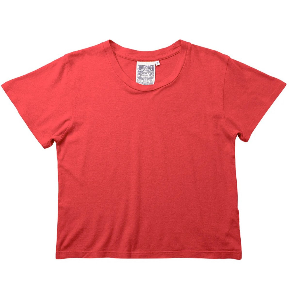 Poppy red cropped lorel tee by Jungmaven. Hemp and cotton blend