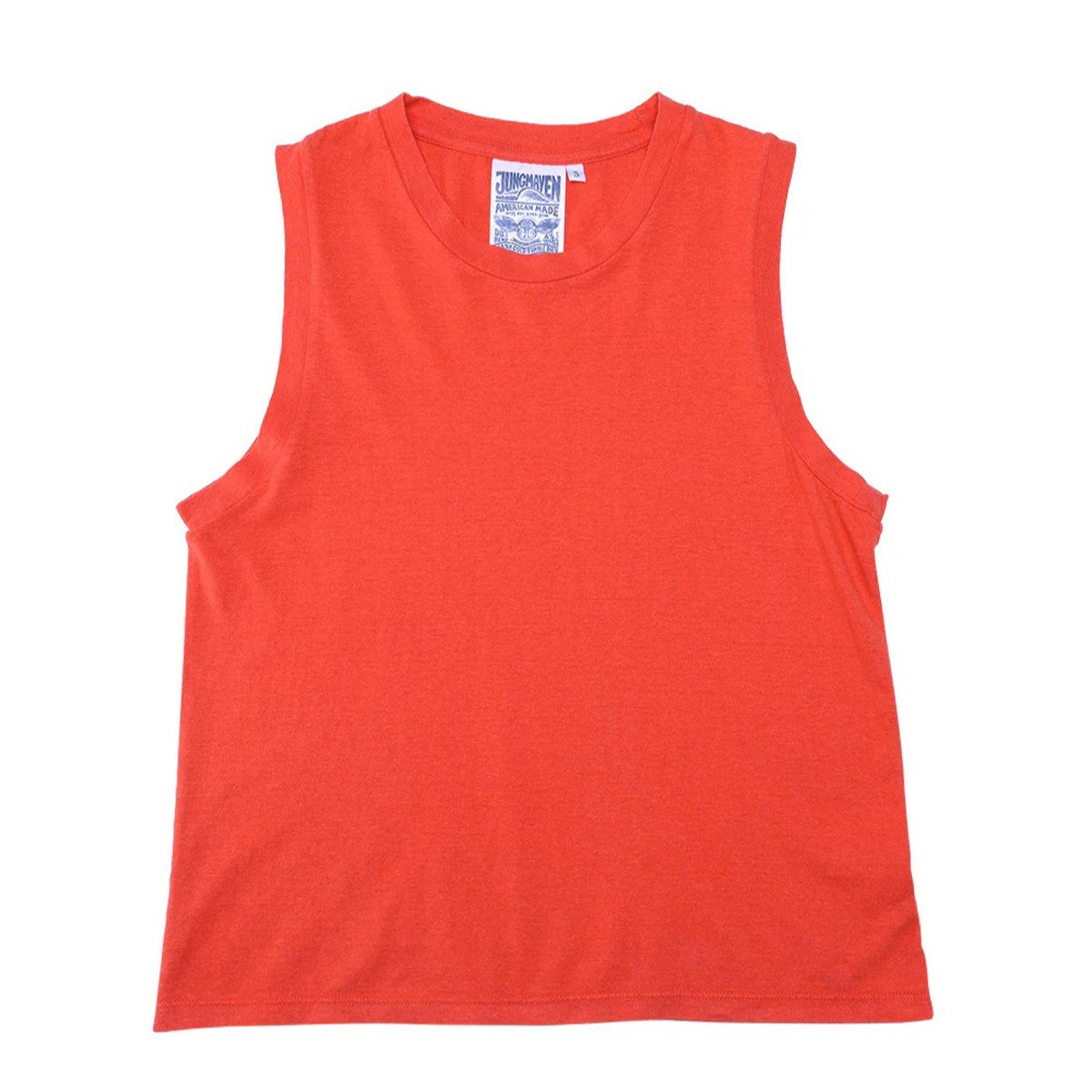 Poppy red phoenix muscle tee by Jungmaven. Hemp and cotton blend