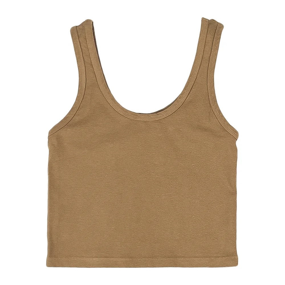 A coyote brown stretchy fitted scoopneck tank made of a cotton hemp blend.