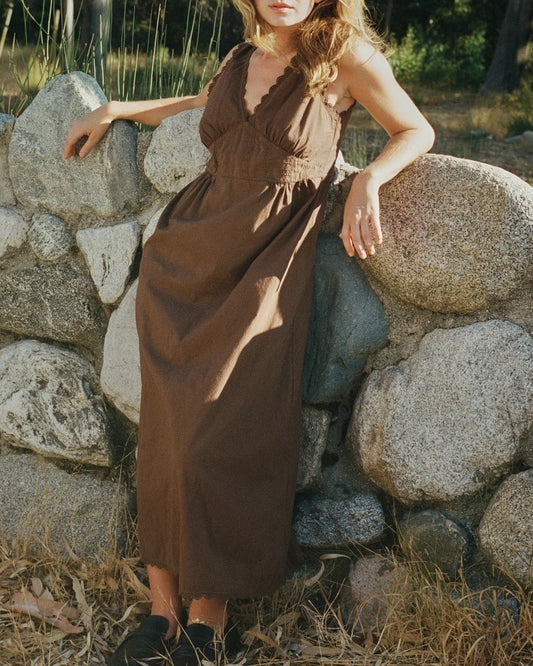 Chocolate cotton polin dress with lace and embroidery detail