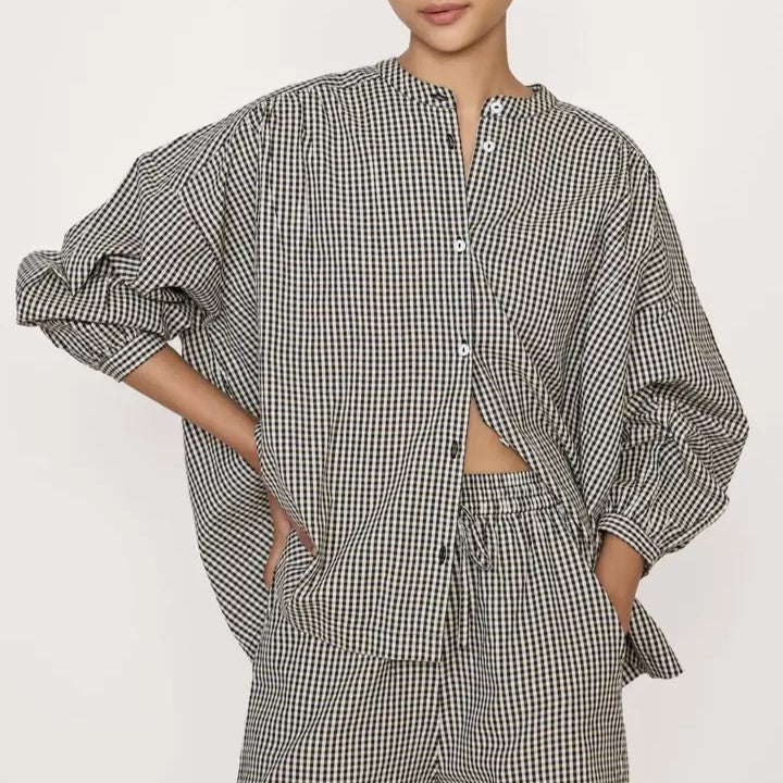 Francoise black and white checkered gingham top from Laude the Label. Button down. At Clad, a sustainable clothing boutique in Asheville, NC.
