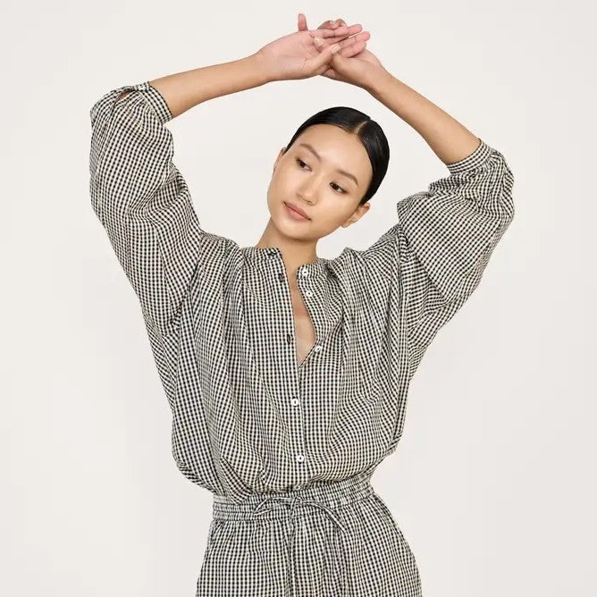 Francoise black and white checkered gingham top from Laude the Label. Button down. At Clad, a sustainable clothing boutique in Asheville, NC.