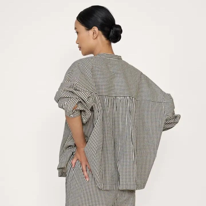 Francoise black and white checkered gingham top from Laude the Label. Button down. At Clad, a sustainable clothing boutique in Asheville, NC.