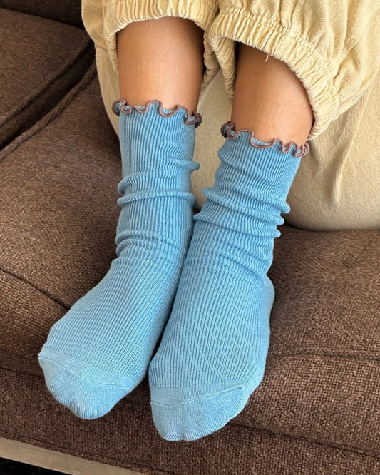 Le Bon Shoppe Noble powder blue and brown ruffled modal socks