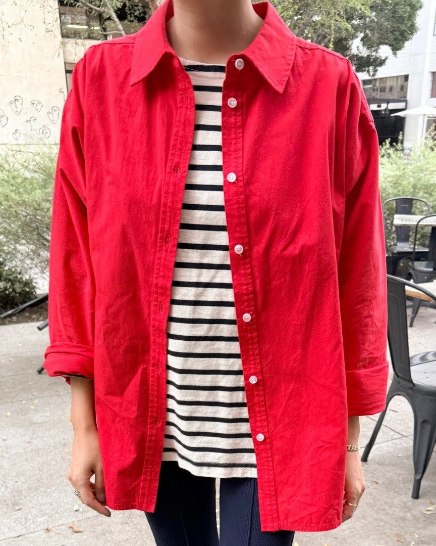 Le Bon Shoppe lightweight red owen button down shirt layered over a striped sailor top