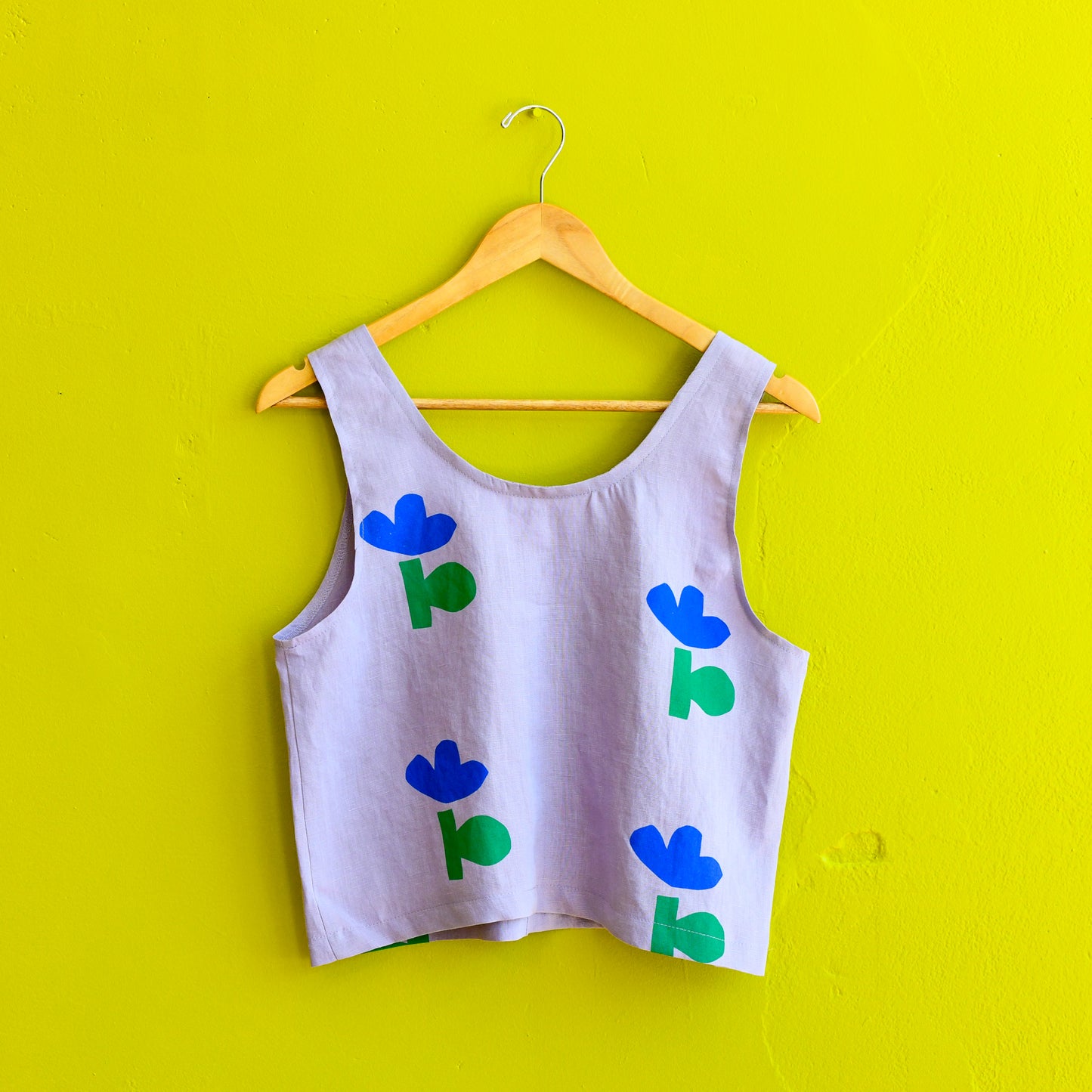 Lavender lilac linen floral tank with blue screenprinted flowers