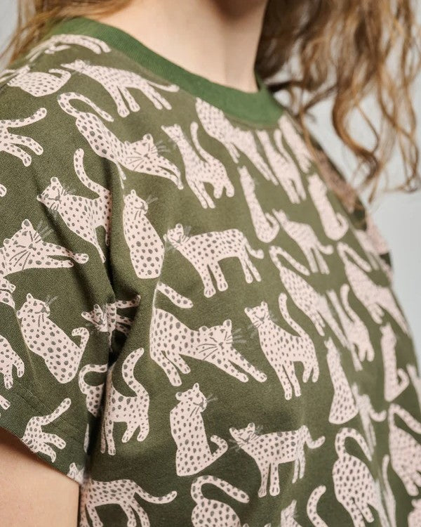 Green leopard caitlin tee top from Mata Traders at Clad, a sustainable clothing store in Asheville, NC