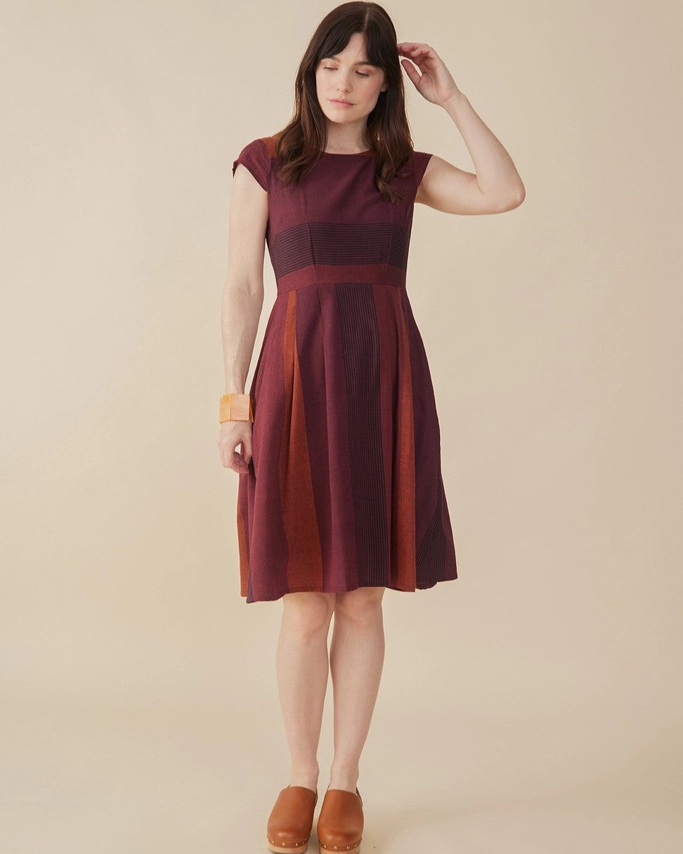 Burgundy stripe gingham fit and flare Devonshire Dress from Mata Traders
