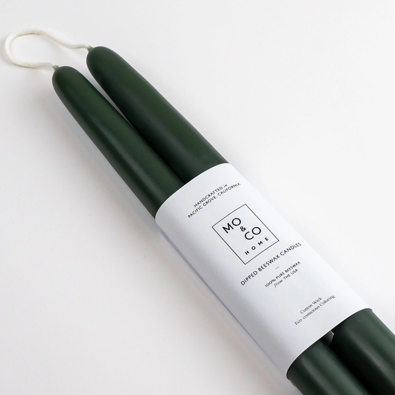Mo & Co forest green beeswax taper candle pair
