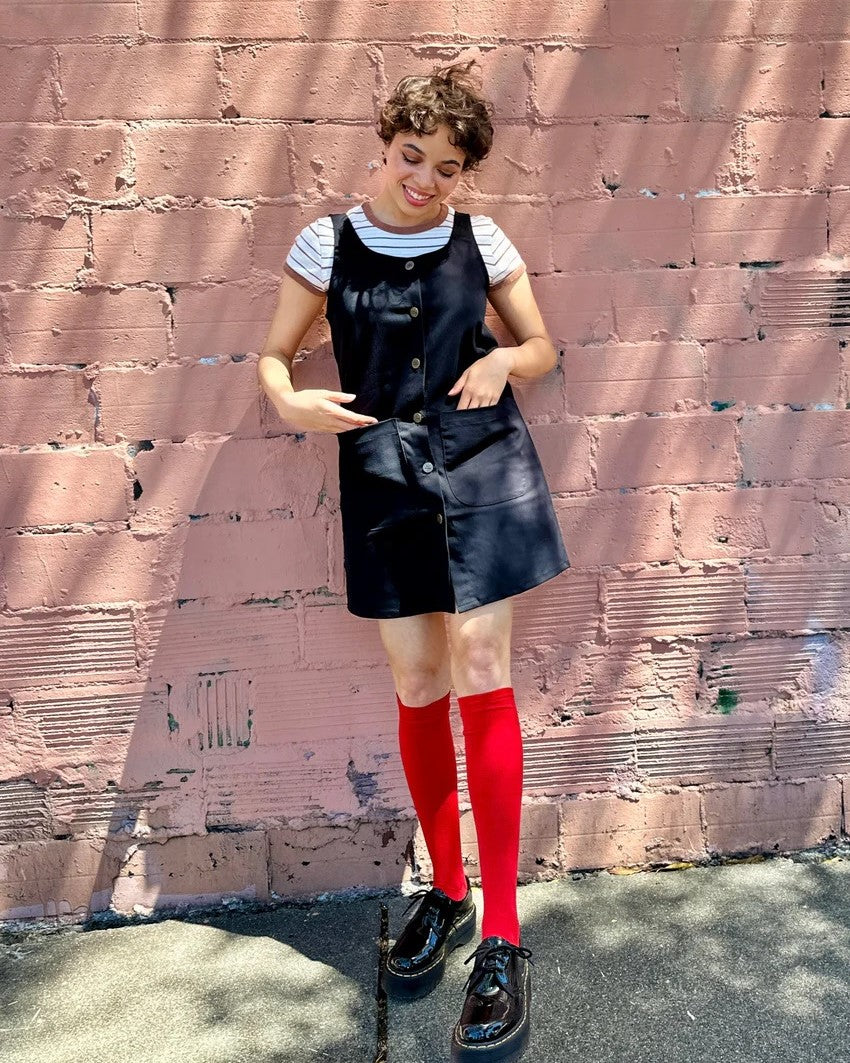 Nooworks twill Chloe black dress with red knee-high socks
