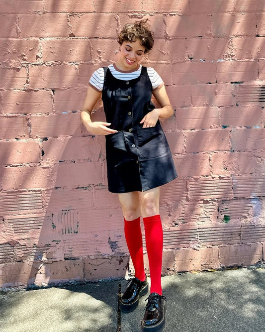 Nooworks twill Chloe black dress with red knee-high socks