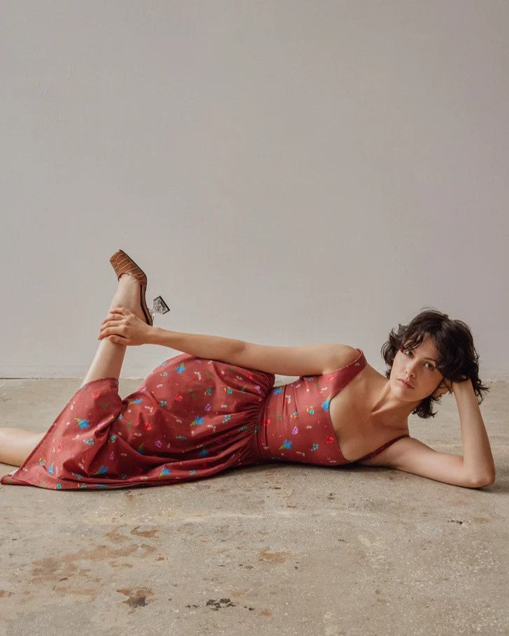 Dani floral dress in copper terracotta by Oh Seven Days at Clad, a sustainable clothing boutique in Asheville, NC