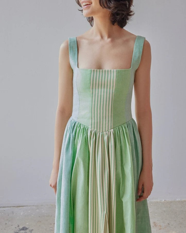 Violet Dress in green patchwork from Oh Seven Days at Clad, a sustainable clothing boutique in Asheville, NC