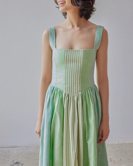 Violet Dress in green patchwork from Oh Seven Days at Clad, a sustainable clothing boutique in Asheville, NC