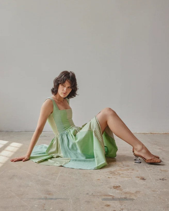 Violet Dress in green patchwork from Oh Seven Days at Clad, a sustainable clothing boutique in Asheville, NC