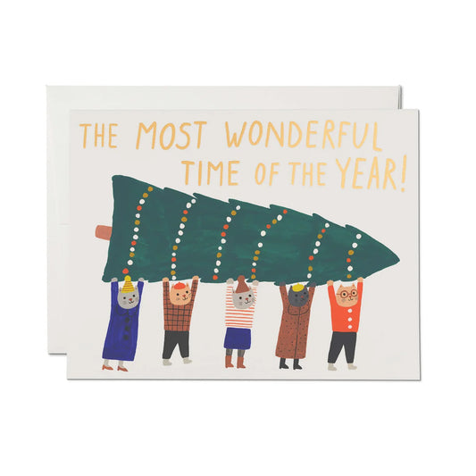 Xmas Christmas kitties greeting card from Red Cap Cards with christmas tree. Most wonderful time of the year. Single or box set of 8 cards.