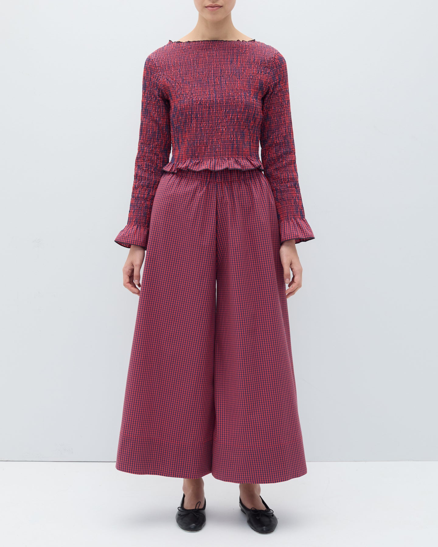 Orange and blue checkered Olga top from Rita Row paired with matching wide leg Lobe pants