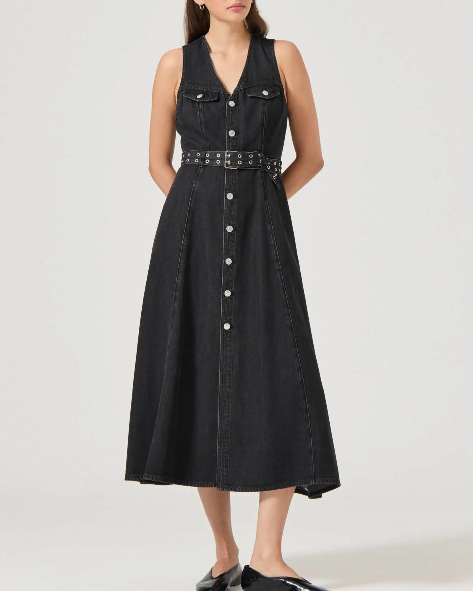 Angelica black sand denim dress with a button down front and eyelet belt at the waist