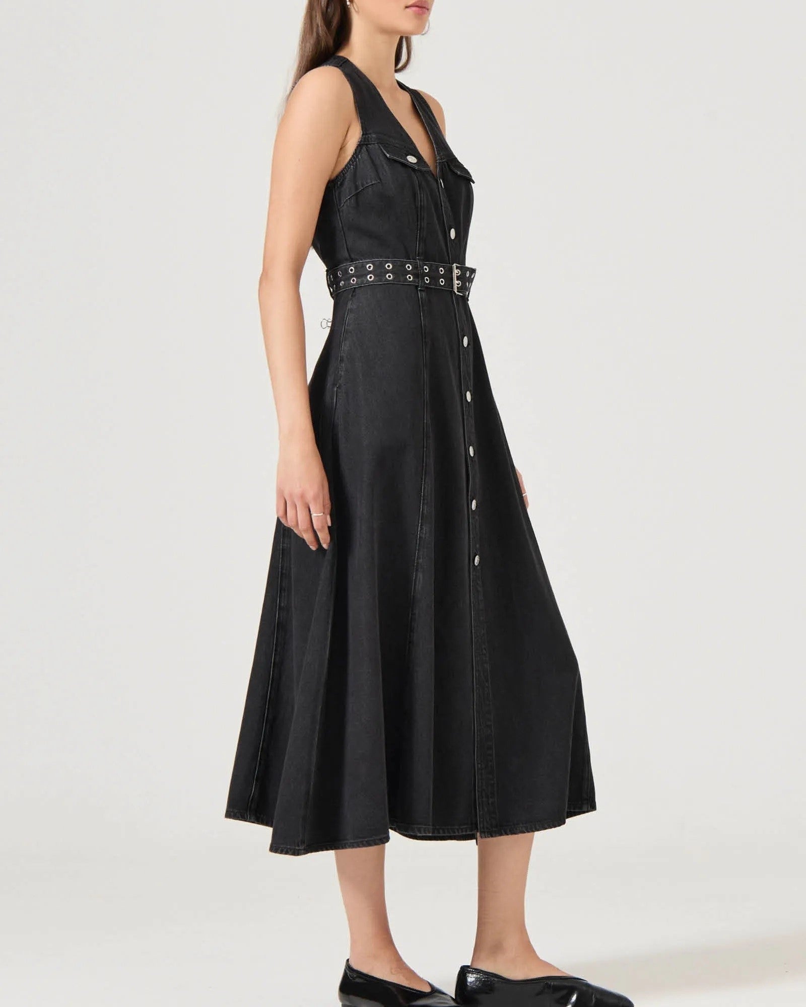 Angelica black sand denim dress with a button down front and eyelet belt at the waist